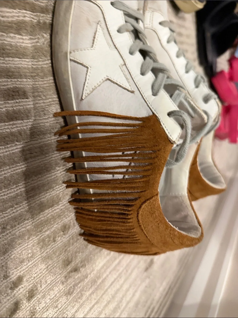Golden Goose Women’s White Nubuck Low Top Super Star with Brown suede fringe.